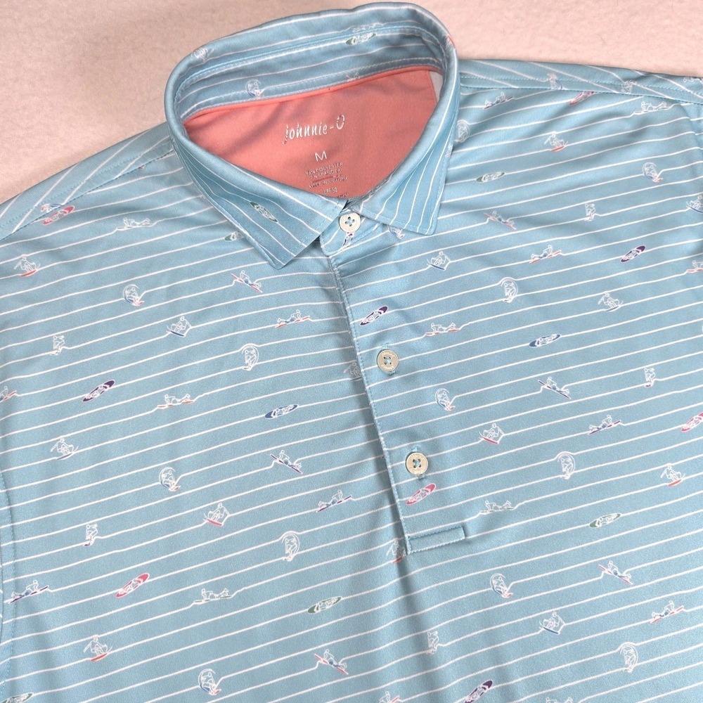 Johnnie-O Men's Baja Blue Surfin'‎ Stripes Graphic Print Polo Shirt Size M